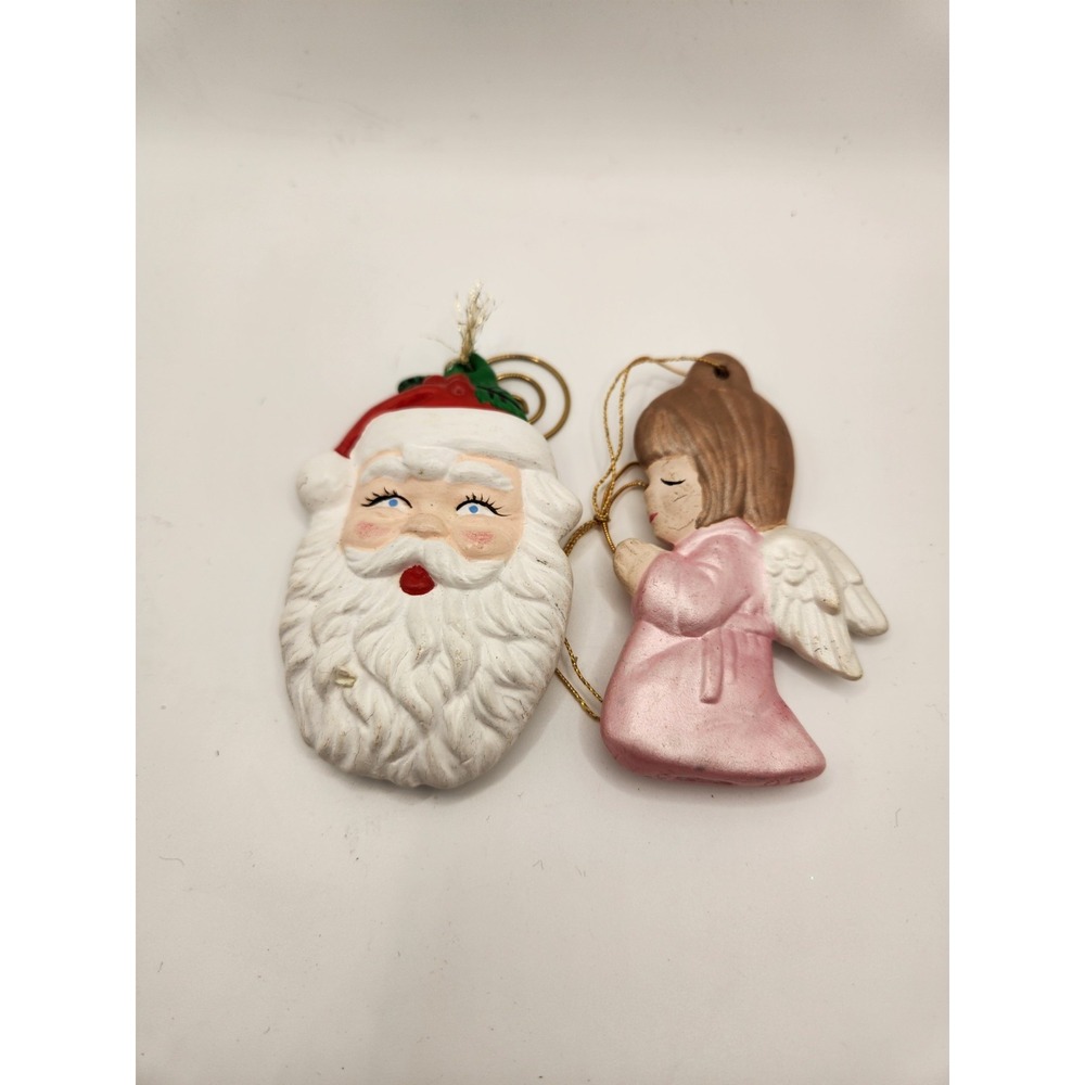 Vintage Christmas Ornaments Lot Of 2 Ceramic 3" Santa And Angel
